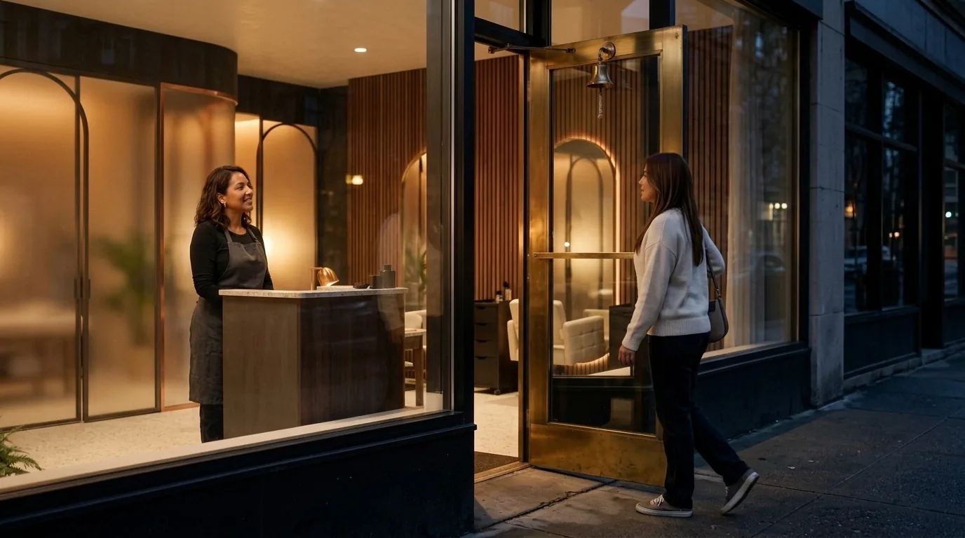 Una clienta entra al salón al anochecer y la estilista la recibe